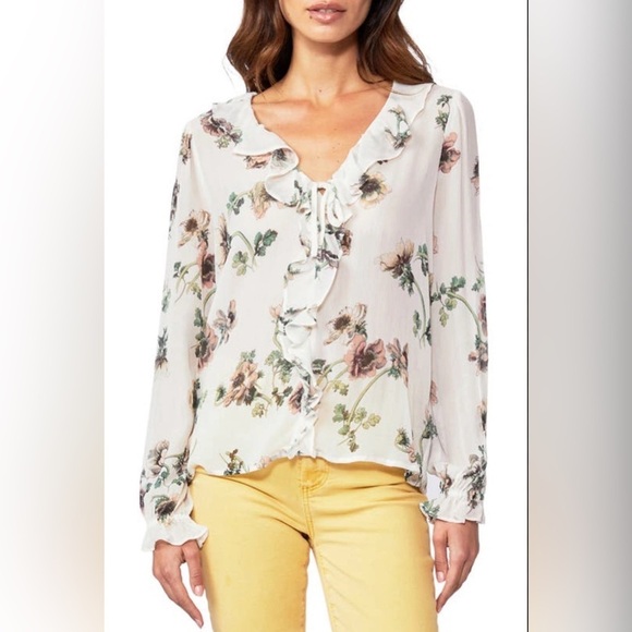 PAIGE Tops - PAIGE Ivory Karin Floral Silk Ruffle Blouse — Small